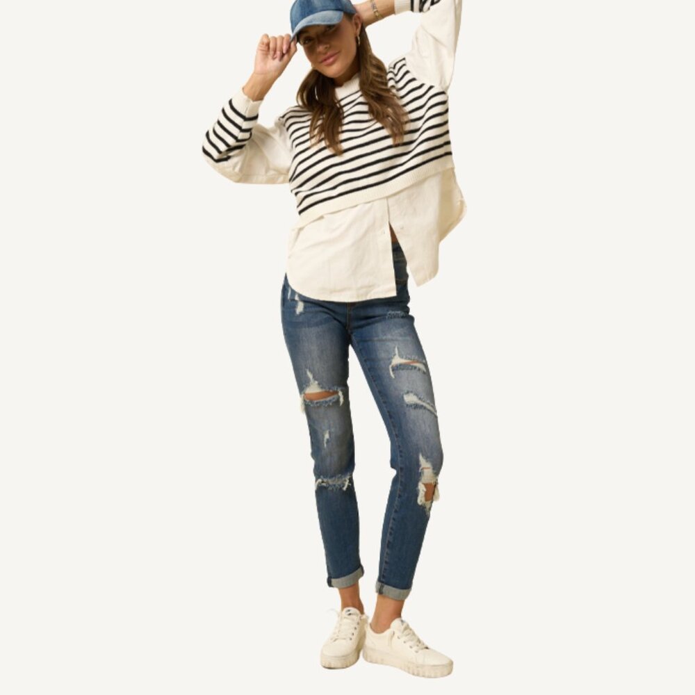 NWT INSANE GENE Slim Fit Boyfriend Distressed Medium Wash Cuffed Denim 26